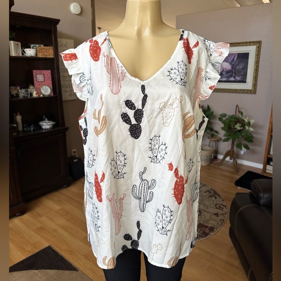 Emery Rose cactus print ruffle sleeves Vneck blouse-size XL - Picture 1 of 9